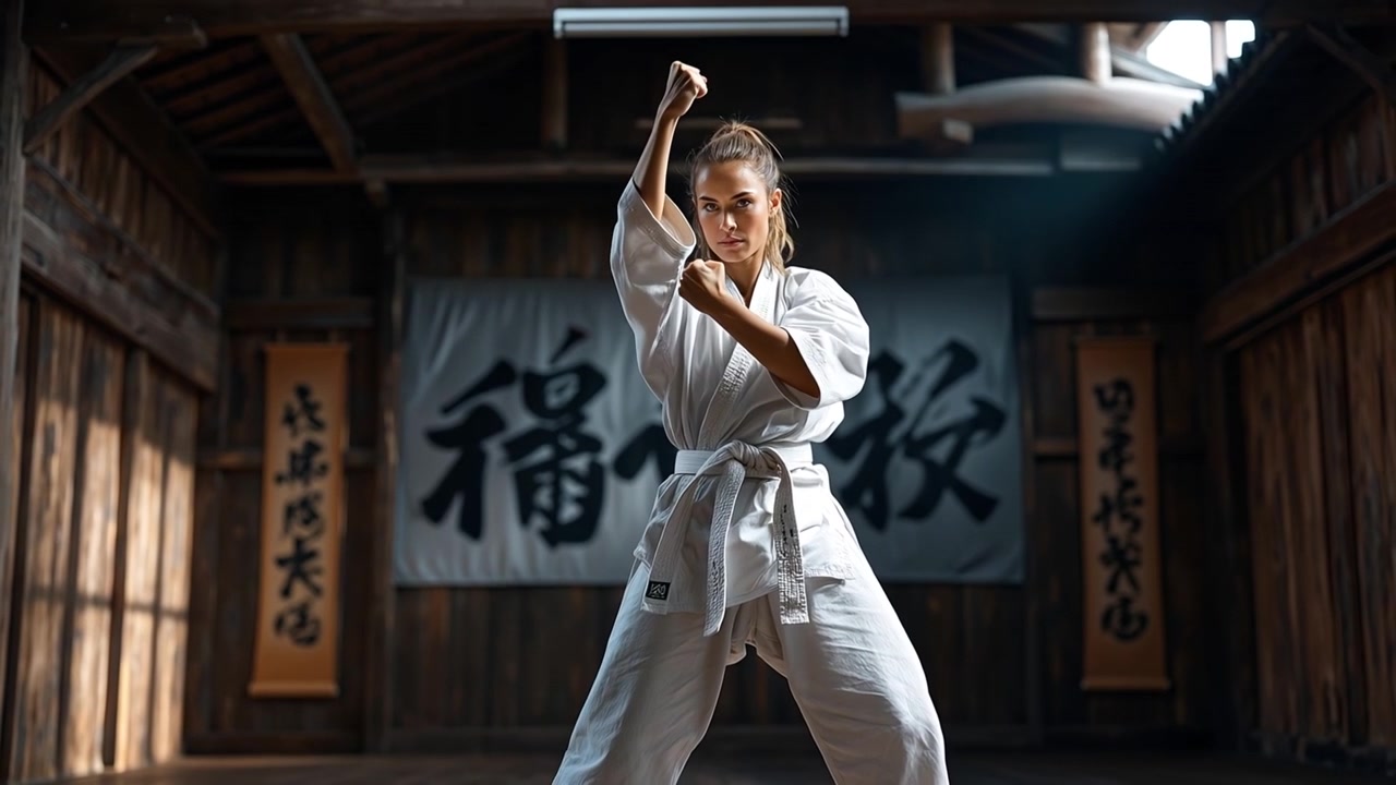 Junge Sportlerin praktiziert Kampfsport in einem traditionellen Holz-Dojo und trägt einen weißen Kampfanzug