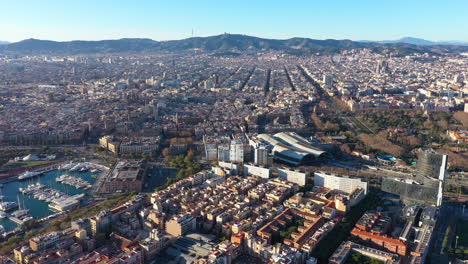 aerial large view of barcelona spain barceloneta district sunny day port