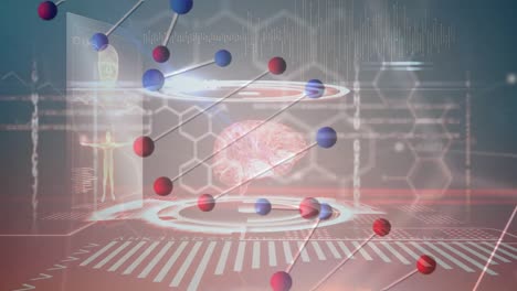 estructura de adn sobre interfaz digital con procesamiento de datos médicos contra un fondo azul