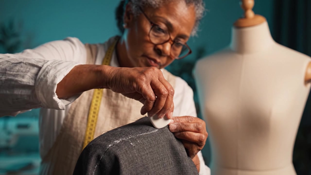 Couturière expérimentée taillant avec expertise un tissu de costume à l'aide d'une craie de tailleur, l'attention aux détails soulignant son savoir-faire dans un atelier chaleureux.