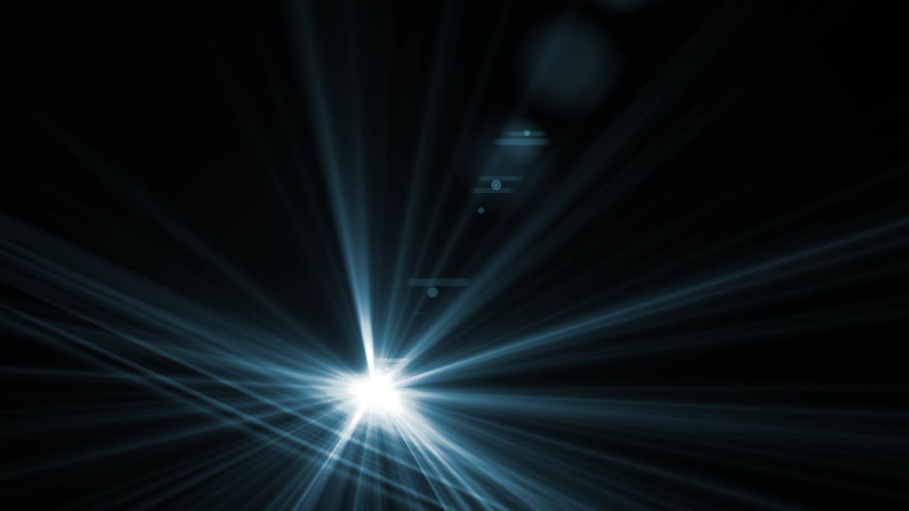 Intense blue anamorphic lens flare with starburst rays moves across black background. For cinematic overlays, sci-fi intros, or dynamic transitions