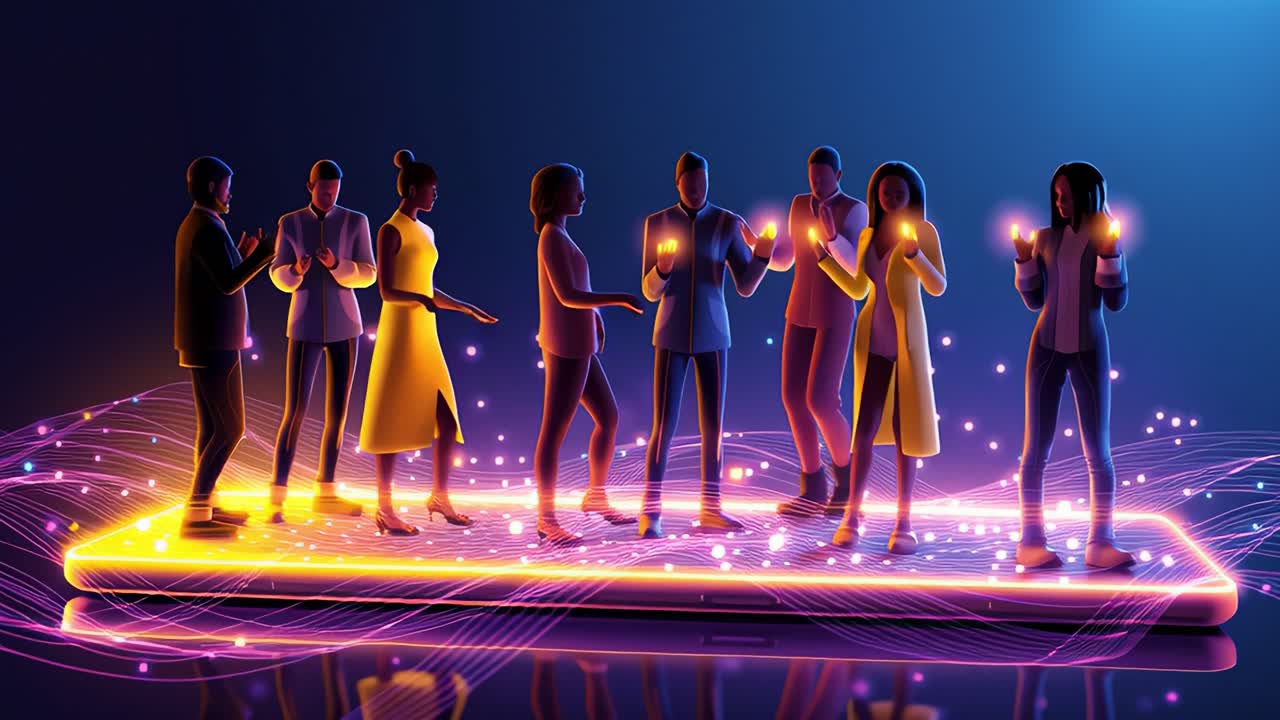 A Diverse Group of Individuals Engaged with Technology, Illuminated by Vibrant Lights, Showcasing Connectivity and Modernity on a Futuristic Platform