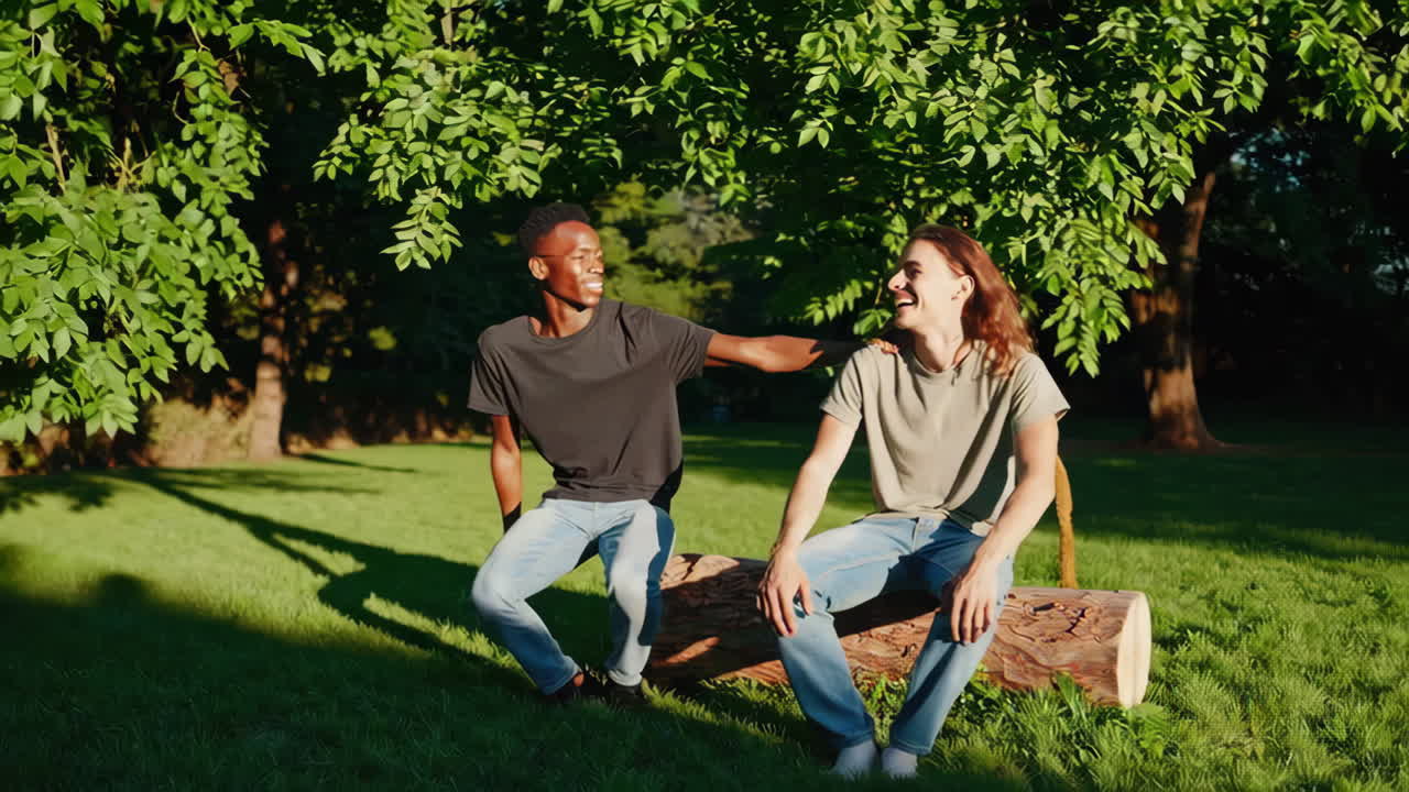 Two friends enjoying a relaxed moment in a sunny park