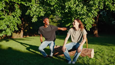 two friends enjoying a relaxed moment in a sunny park
