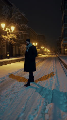 man walking in a snowy city at night
