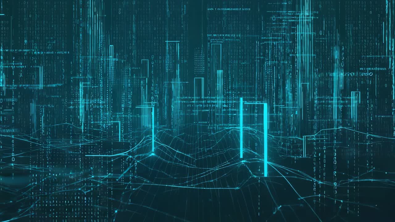 Abstract Digital Network Landscape with Binary Code and Glowing Lines