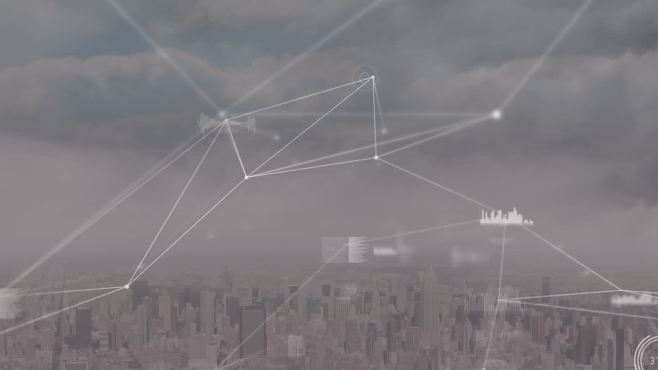 현대 도시 풍경과 구름이 가득한 하늘에서 통신 네트워크와 데이터 처리