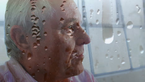 animation of water drops on glass over worried senior man