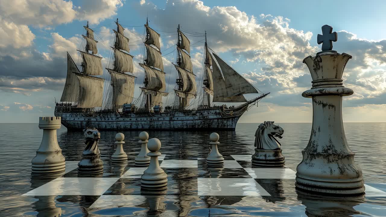 Vintage Ship on a Chessboard Sea
