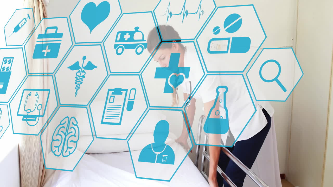 Animation of network of medical icons over biracial nurse making up hospital bed