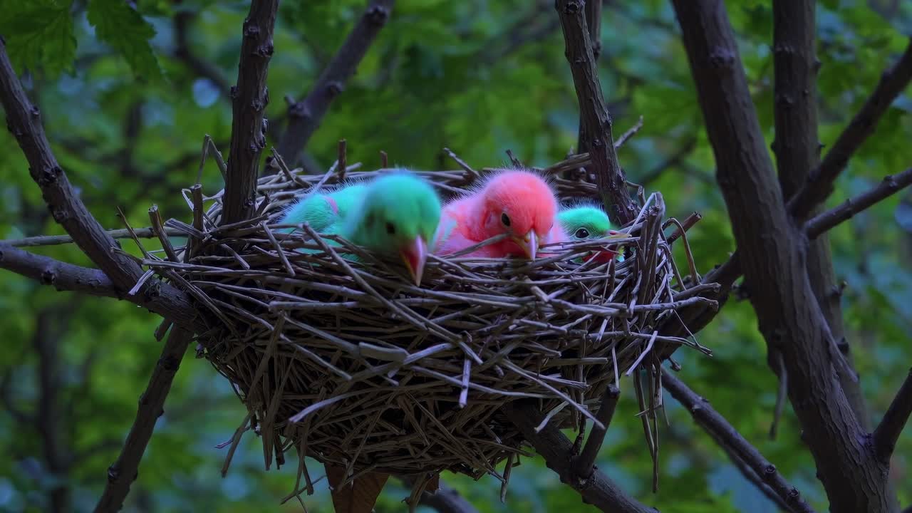 Piccoli uccelli colorati in un nido
