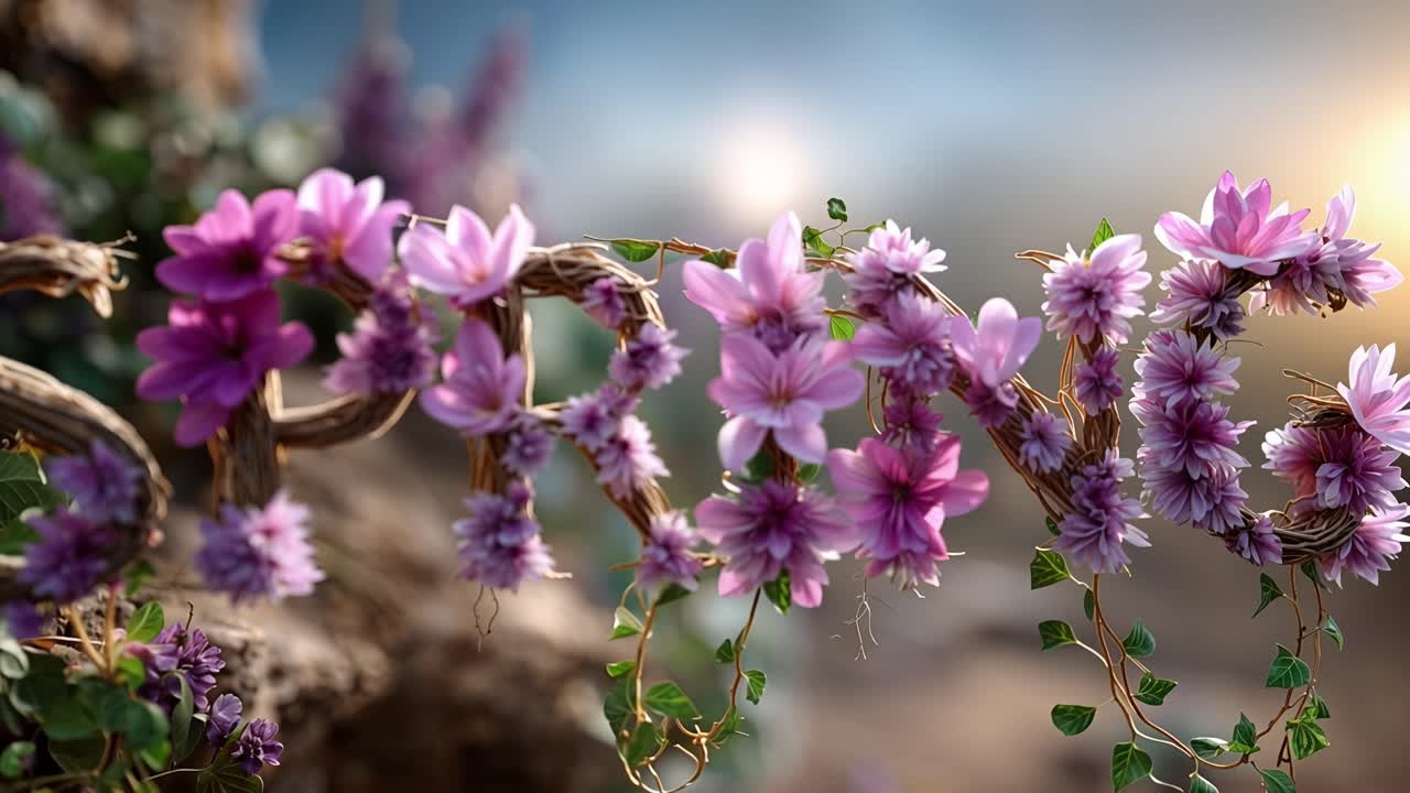 Soft pink blossoms form the word "spring." Petals cling to twisting vines against a sunlit backdrop. Misty horizon hints at fresh beginnings. Nature's quiet joy blooms in gentle hues