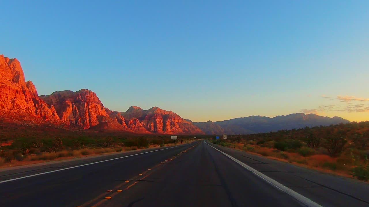 Highway jogger and Cinemeatic southwest sunrise near Red Rock Canyon Nevada