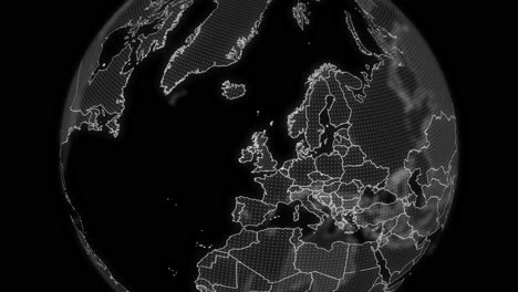 united kingdom country alpha for editing data analysis technology globe rotating, cinematic video showcases a digital globe rotating, zooming in on united kingdom country alpha for editing template