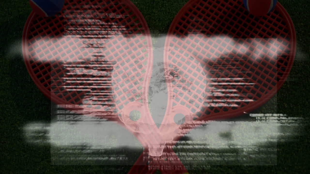 Red paddle rackets forming V shape on green turf while glitch lines, skull and code scrolling