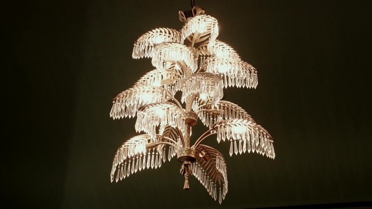 Lampadario di cristallo ornato a forma di palma illuminato su uno sfondo scuro