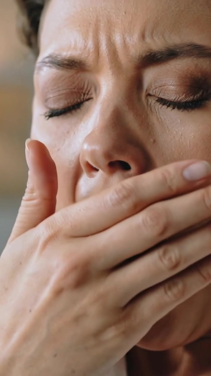 Vertical video: Reacting woman covering lips at home, stifling gag after right finger touch, robe