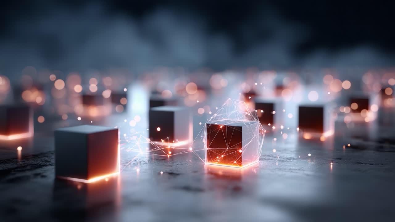 A Futuristic Landscape of Glowing Cubes and Dynamic Particles, Illustrating the Intersection of Technology and Art in a Captivating Visual Experience
