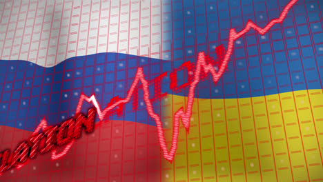 animación de procesamiento de datos y texto de estagflación sobre las banderas de rusia y ucrania