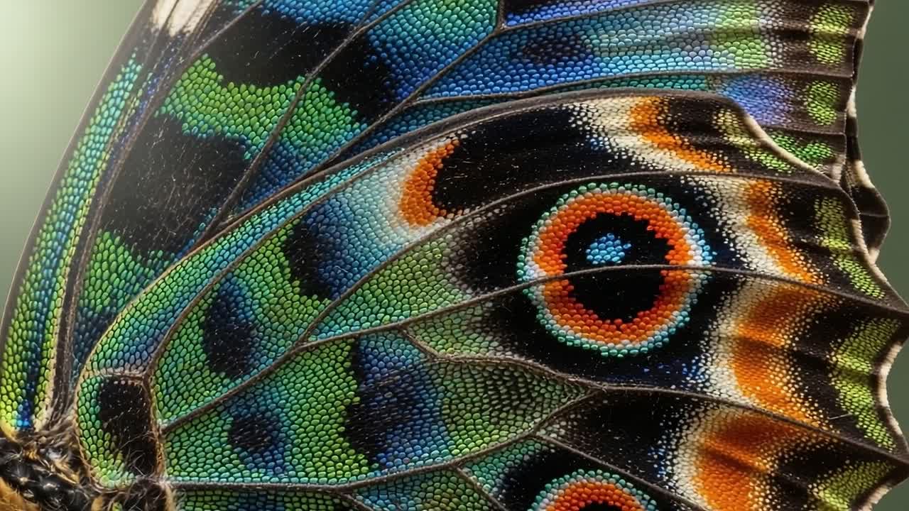 A Stunning Close-Up of a Butterfly Wing Showcasing Vibrant Iridescence and Intricate Patterns, Capturing Nature's Exquisite Beauty and Detail