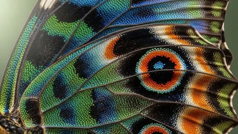 a stunning close-up of a butterfly wing showcasing vibrant iridescence and intricate patterns, capturing nature's exquisite beauty and detail