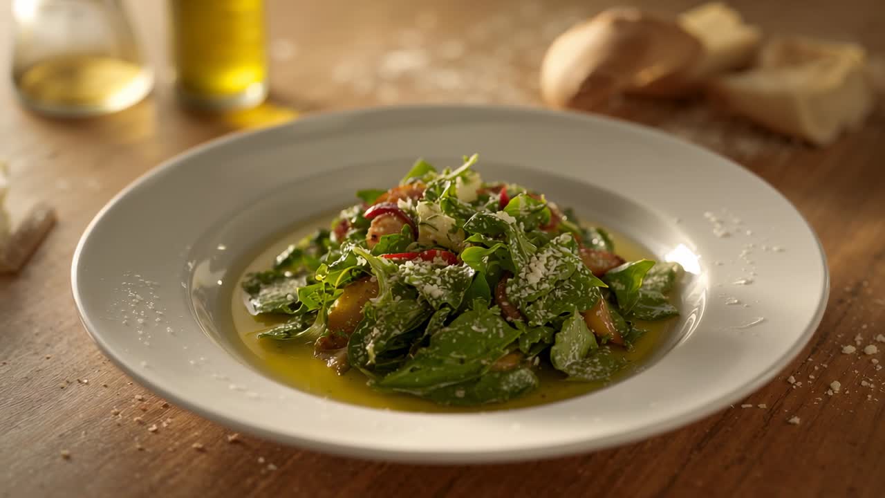 Messa a fuoco della fotocamera su un'insalata impiattata su un tavolo, con oliere e pane, che mostra la texture e la lucentezza