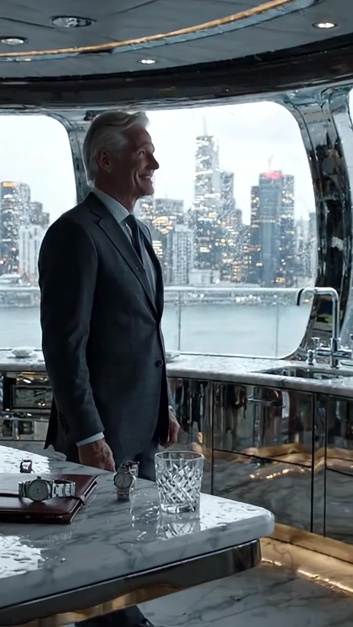 Elegante riflesso di un uomo d'affari che ammira lo skyline cittadino da un bar moderno, con un orologio di lusso e un bicchiere di cristallo in un ambiente sofisticato