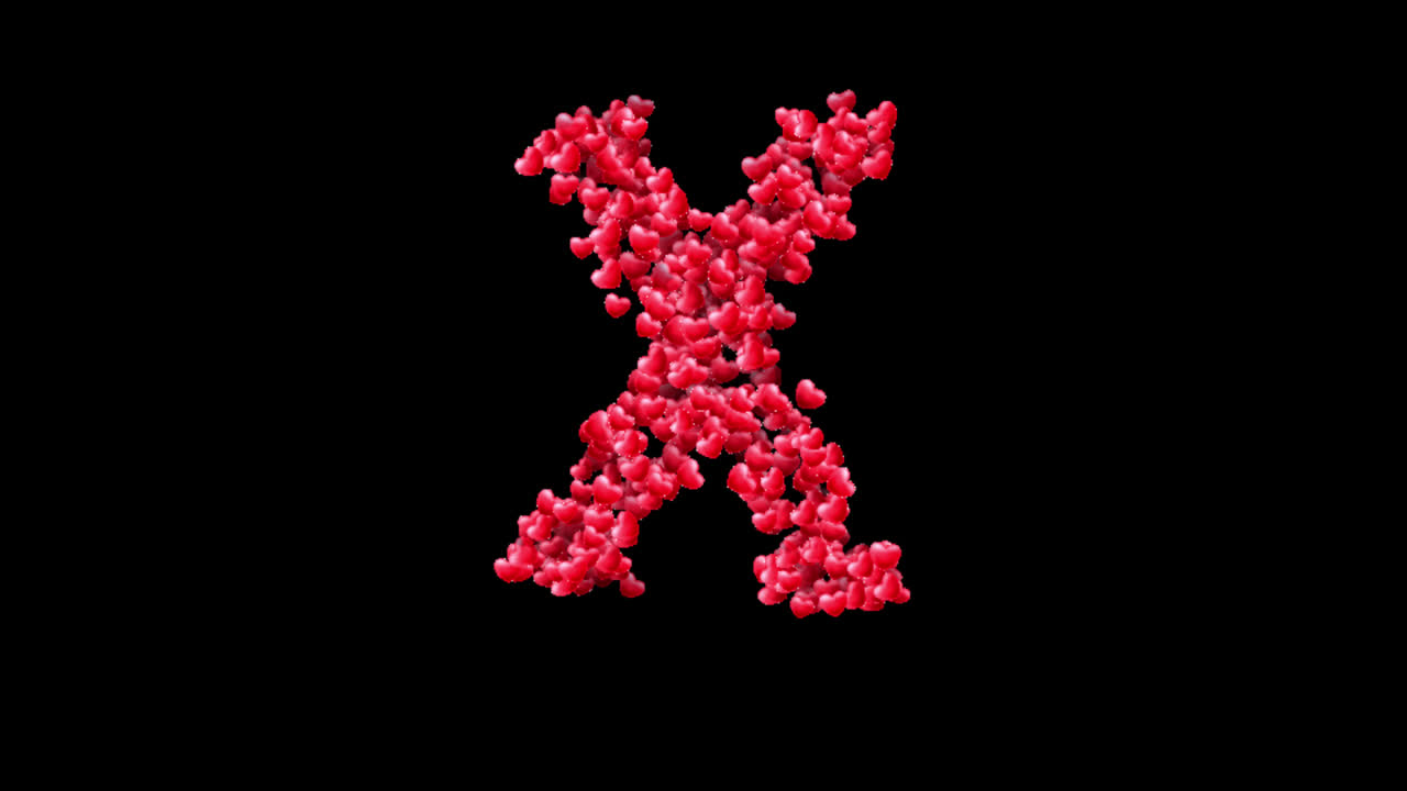Animazione di particelle a forma di cuore con lettera X su sfondo trasparente