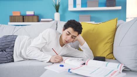 happy male student studying in a relaxed state resting on the sofa.