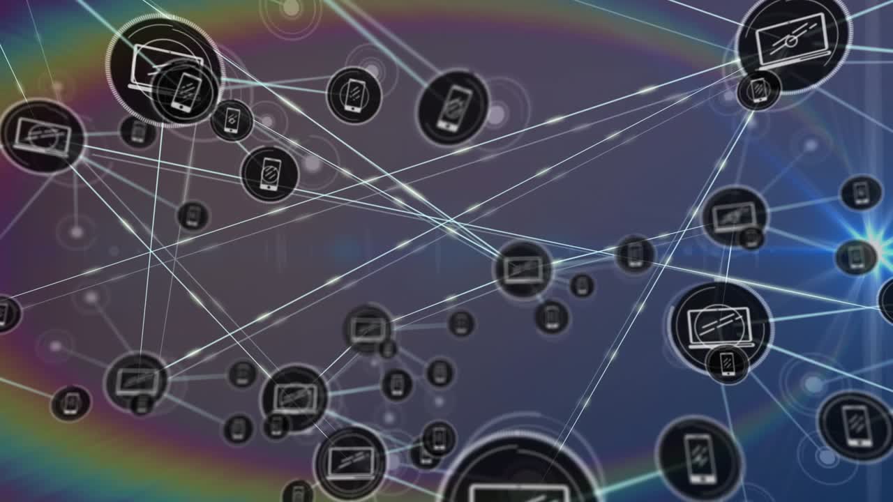 Animation af netværk af digitale ikoner over regnbue-linseflimmer mod grå baggrund