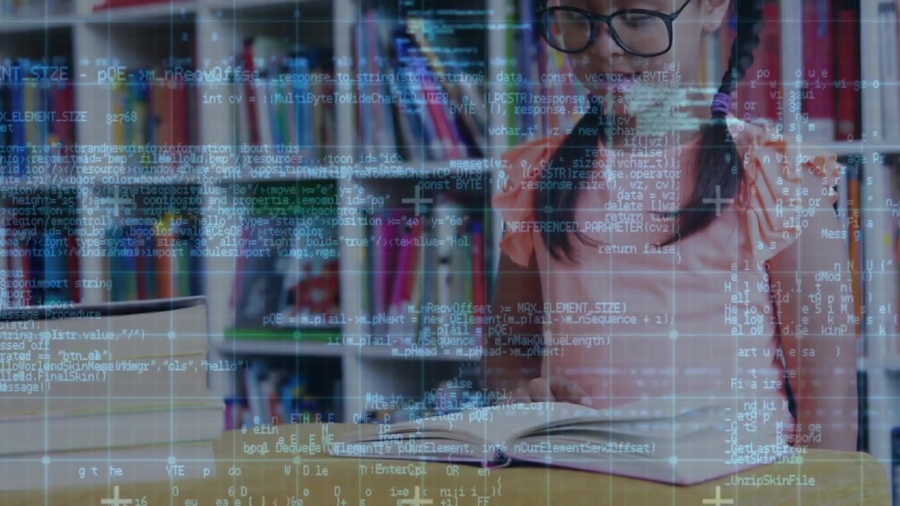 Girl propping book open in education library summoning code overlay then fading to reveal reading