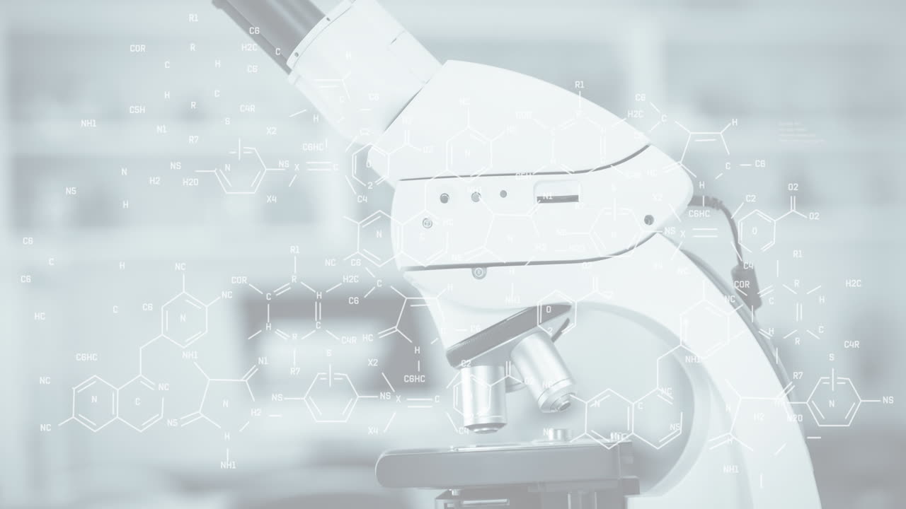 Microscope with chemical formula animation overlay in scientific laboratory