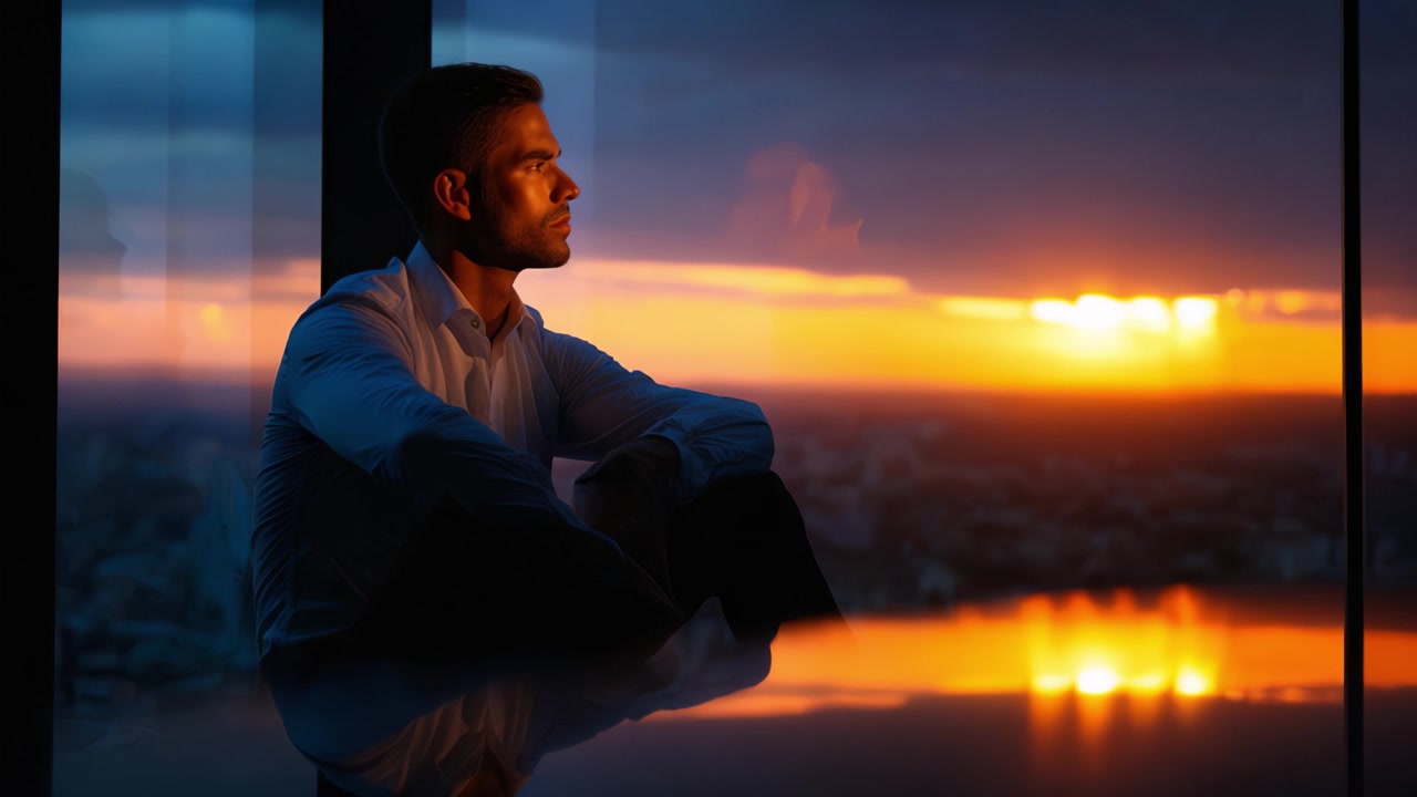 Contemplazione al Crepuscolo: Un Uomo Riflette alla Finestra Mentre il Sole Tramonta Sulla Città, Creando un'Atmosfera di Serenità e Riflessione
