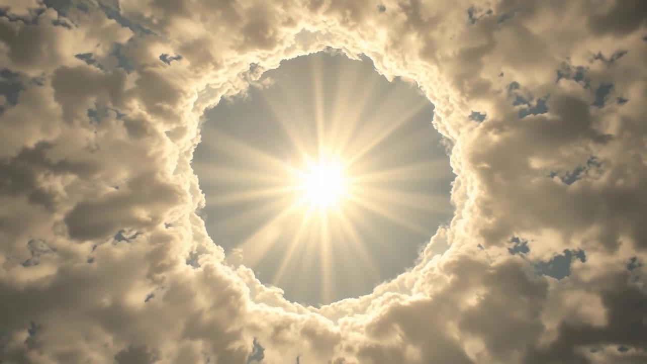 Emerging sun sending starburst rays above, widening ring with tops thinning showing pale blue sky
