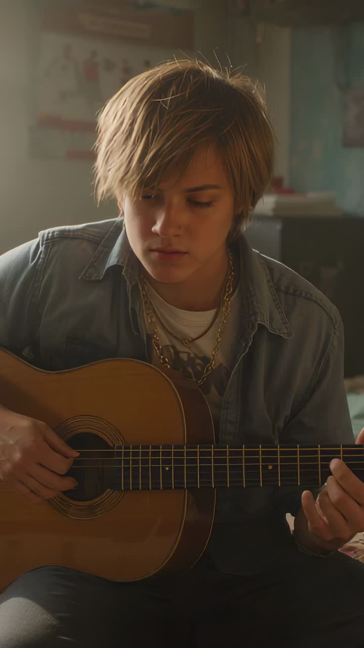 Vertical video: Lowering gaze, teen in denim strumming guitar in bedroom, practicing, raising gaze