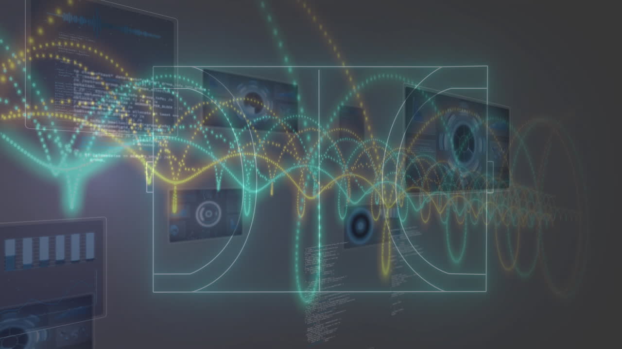 Digital waveforms and data processing animation over futuristic interface screens