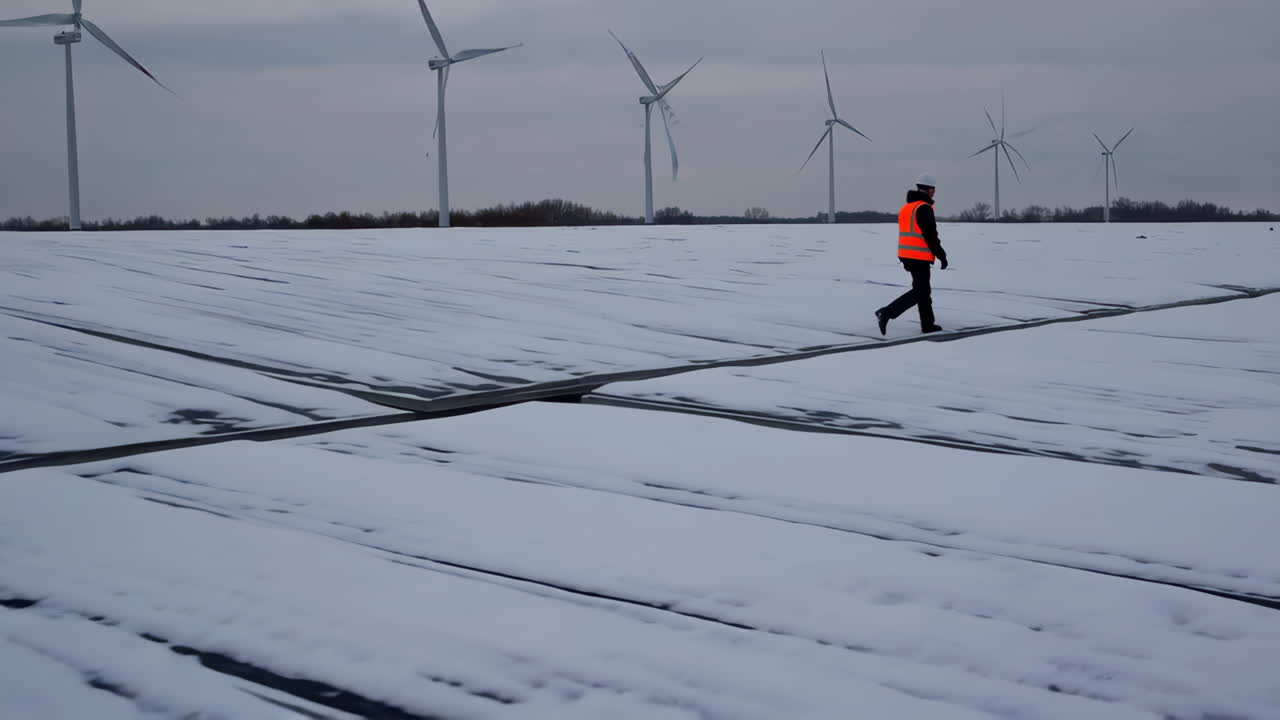 Engineer walks across a snow-covered field with wind turbines in the background