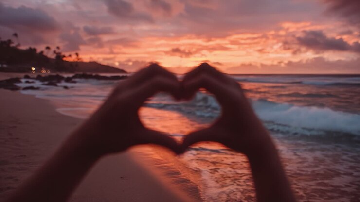 Een prachtige zonsondergang boven de oceaan met handen die een hartvorm vormen, wat liefde en verbinding symboliseert te midden van het adembenemende natuurlijke landschap.