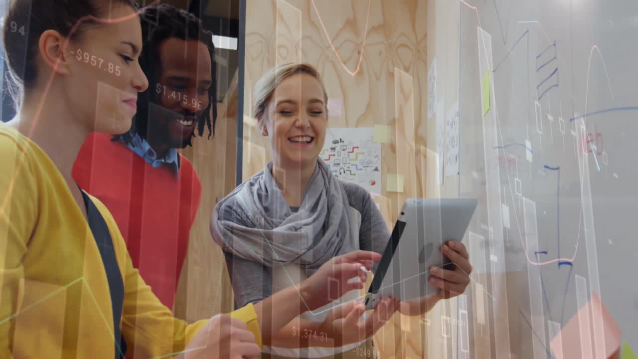Animation of financial data processing over group of business people