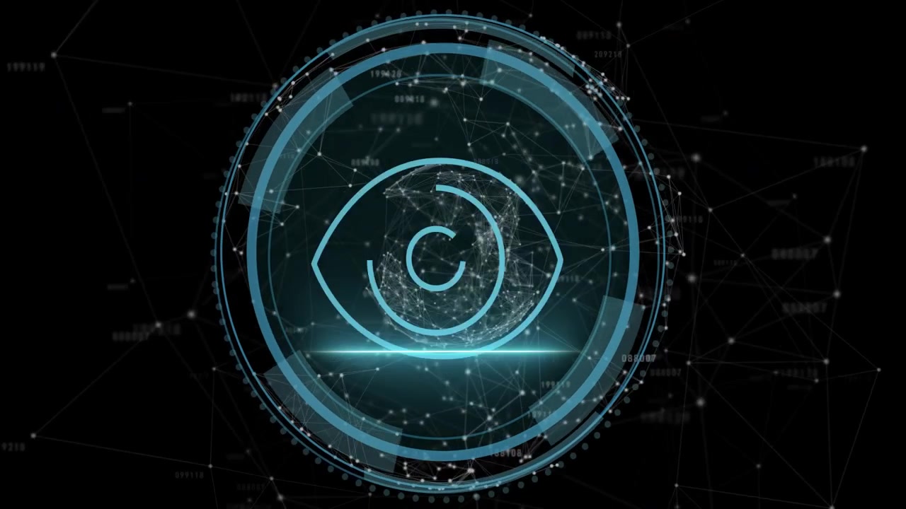 Skjold dukker opp, HUD danner en wireframe-klode, ringer roterer, stråle skanner, viser cybersikkerhet