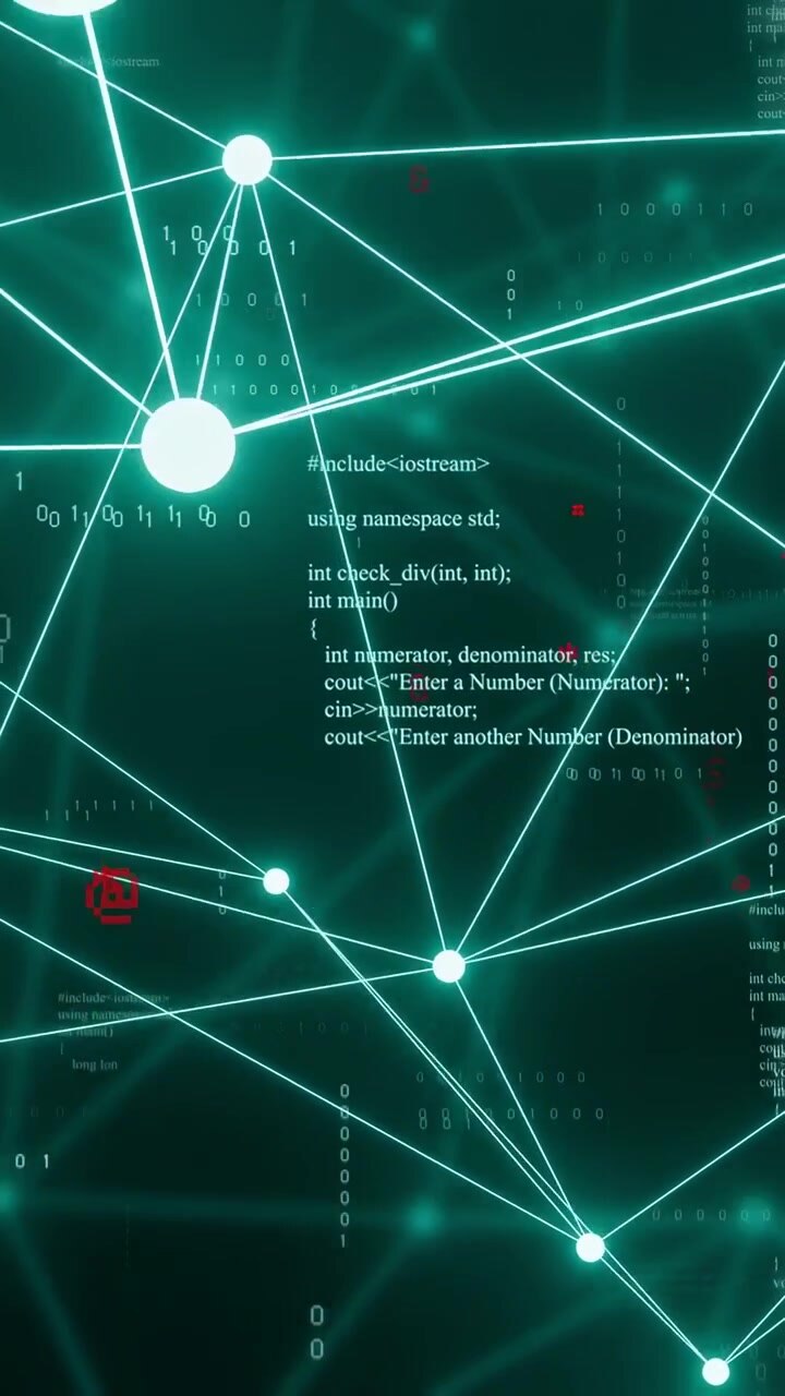 Вертикальное видео: Появляется начальный кластер узлов, неоновая бирюзовая сеть смещается, визуализируя двоичный код.