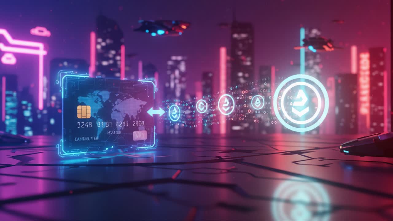 Sistema di pagamento digitale futuristico: uno sguardo all'evoluzione delle transazioni con tecnologia di carte illuminate al neon e flusso di dati in un paesaggio urbano ad alta tecnologia.