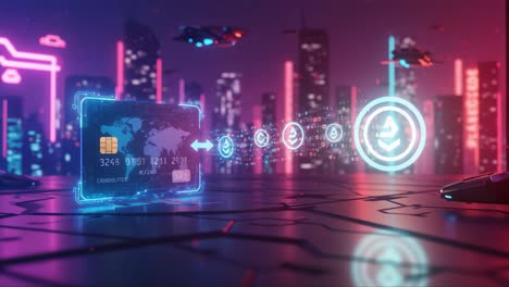 Futuristic Digital Payment System: A Glimpse into the Evolution of Transactions with Neon-Lit Card Technology and Data Flow in a High-Tech Urban Landscape