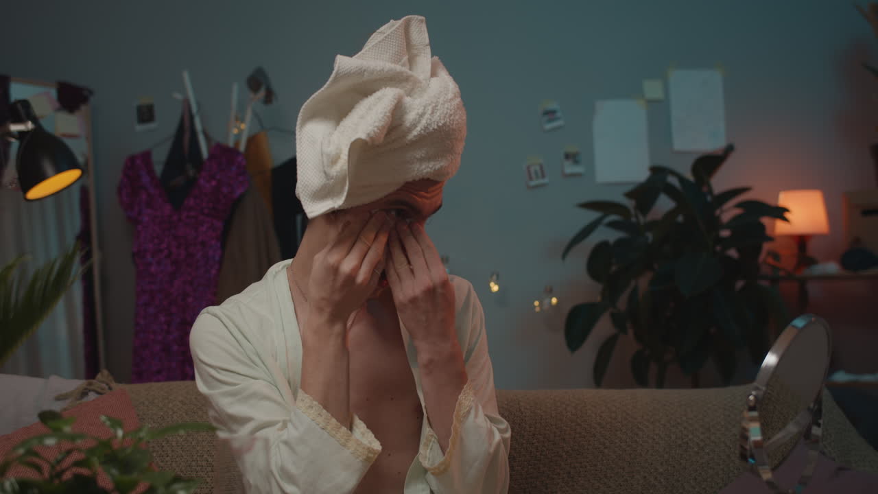 Person wearing eye patches and a towel on their head