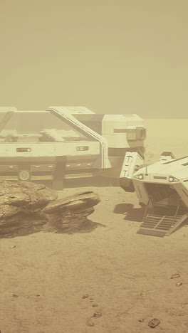 Mars exploration site with habitat and rover in dusty landscape