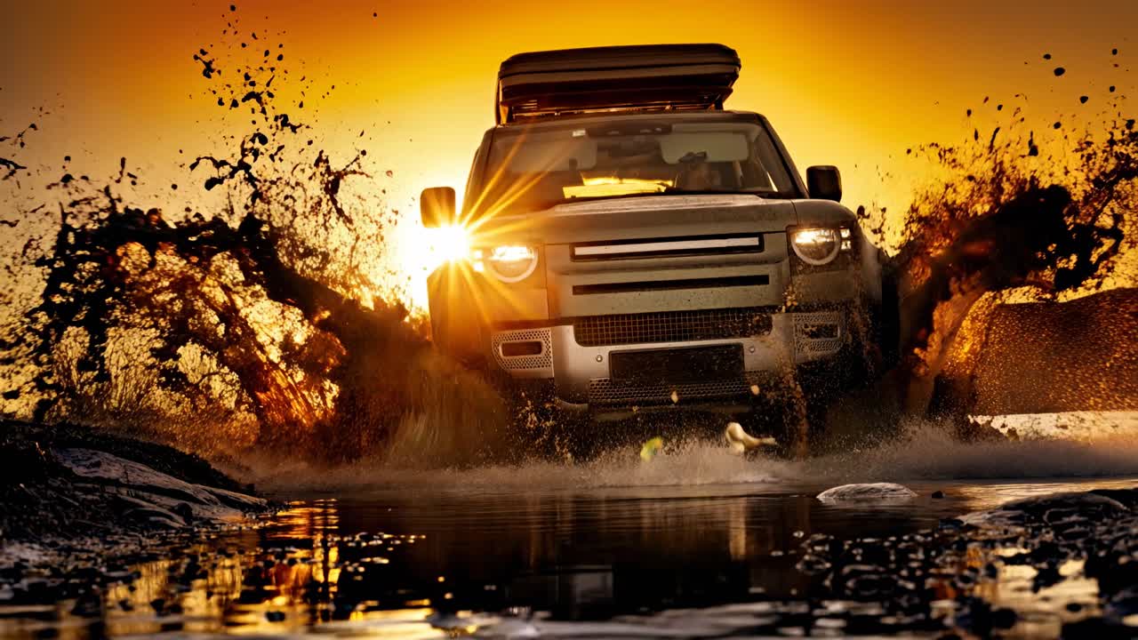 Kraftfuld offroad SUV sprøjter gennem mudret vand under eventyrrejse ved gylden solnedgang i vild natur. Videoen er genereret fra mit ægte foto.
