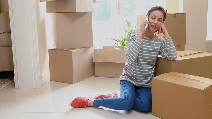 Smiling young woman talking on phone while leaning on cardboard boxes 4K 4k
