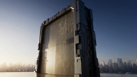 futuristic data monolith on a rooftop overlooking a cityscape