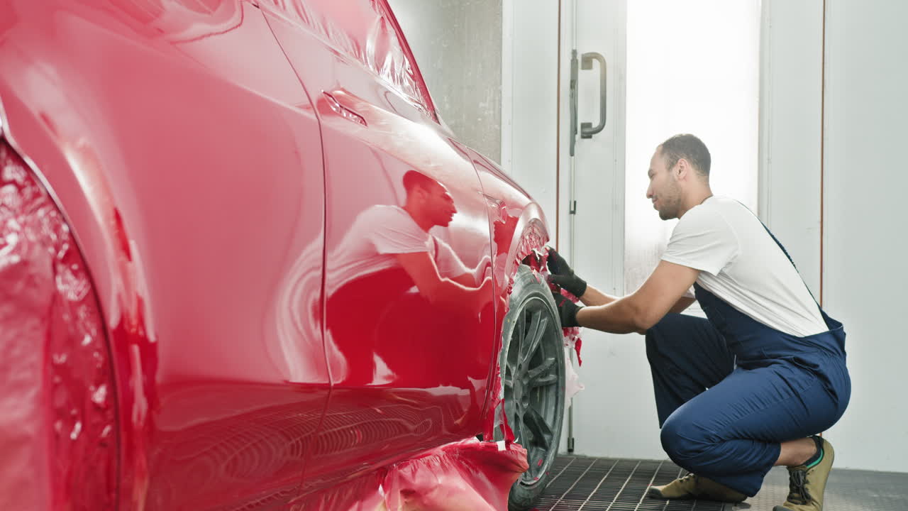 진행 중인 자동차 페인트 작업