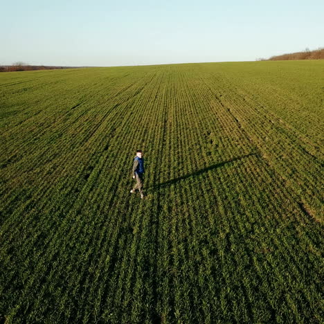 cute boy running and turning around on the spacious green field in spring. little kid in sportsuit playing outdoors on the natural background. aerial view